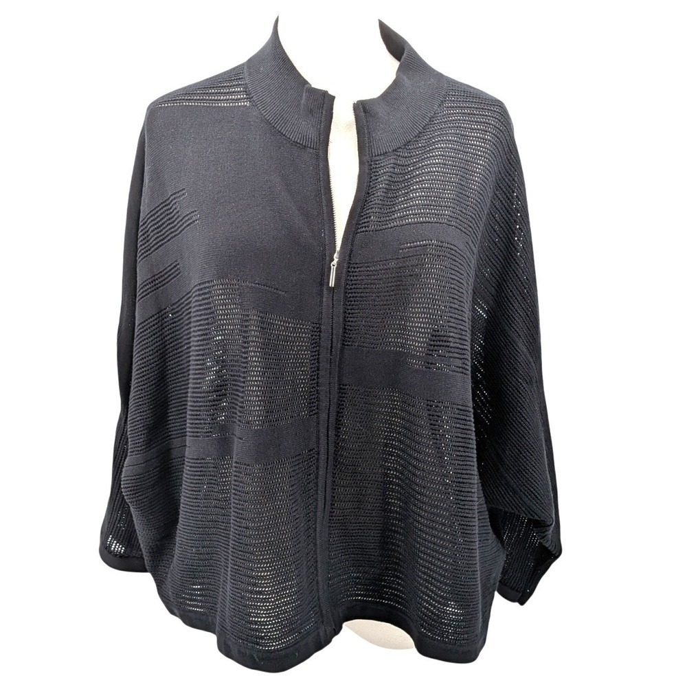 Wynne Collection Open Knit Cardigan Linen Cotton Black Zip Dolman Plus 1X